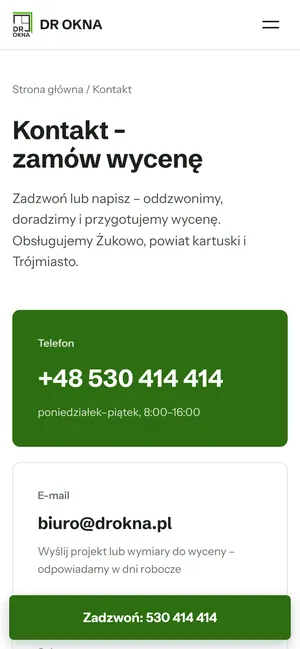 Strona kontaktu DR OKNA na telefonie z dużym numerem telefonu i adresem e-mail.