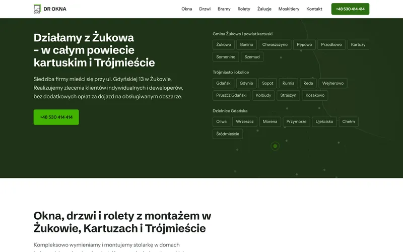 Sekcja obszaru działania: lista miejscowości powiatu kartuskiego, Trójmiasta i dzielnic Gdańska na tle schematycznej mapy.