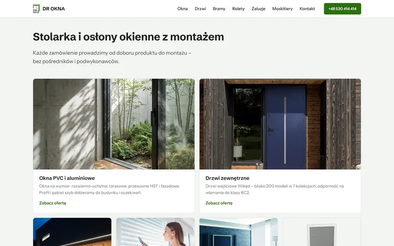 Sekcja oferty DR OKNA: okna PVC i aluminiowe, drzwi zewnętrzne i pozostałe produkty z montażem.