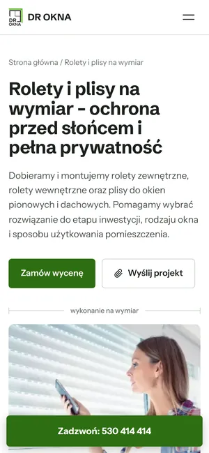 Podstrona rolet i plis na telefonie.