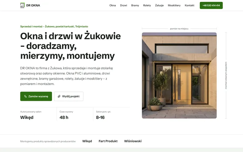 Strona główna DR OKNA na komputerze: nagłówek „Okna i drzwi w Żukowie - doradzamy, mierzymy, montujemy” i przycisk zamówienia wyceny.