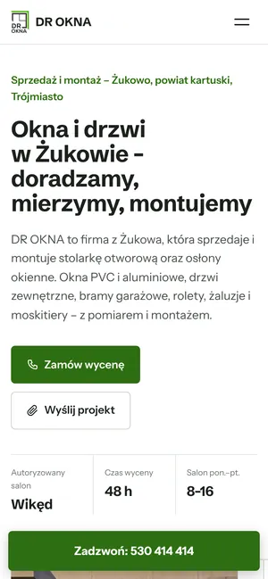 Strona główna DR OKNA na telefonie z przyciskiem „Zadzwoń” na dole ekranu.