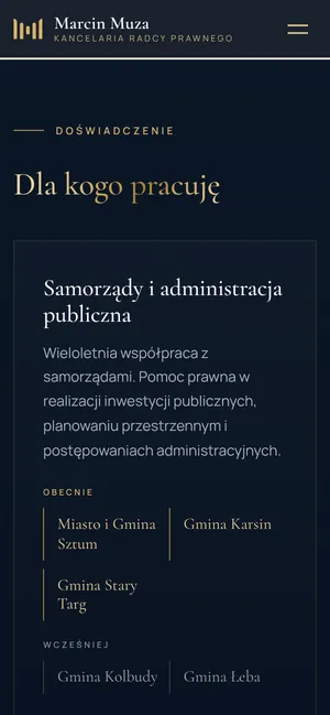 Sekcja „Dla kogo pracuję” na telefonie: samorządy i administracja publiczna z listą gmin.