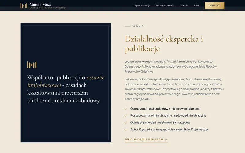 Sekcja o działalności eksperckiej i publikacjach z wyróżnionym cytatem o ustawie krajobrazowej.