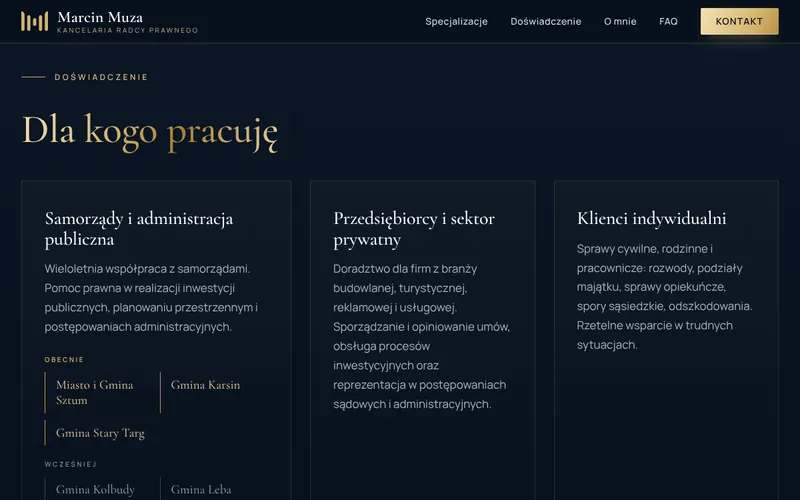 Sekcja „Dla kogo pracuję”: samorządy, przedsiębiorcy i klienci indywidualni, z listą gmin.
