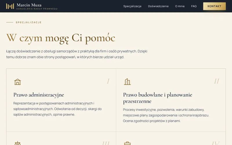Sekcja specjalizacji: prawo administracyjne oraz prawo budowlane i planowanie przestrzenne, z cienkimi ikonami i numeracją rzymską.