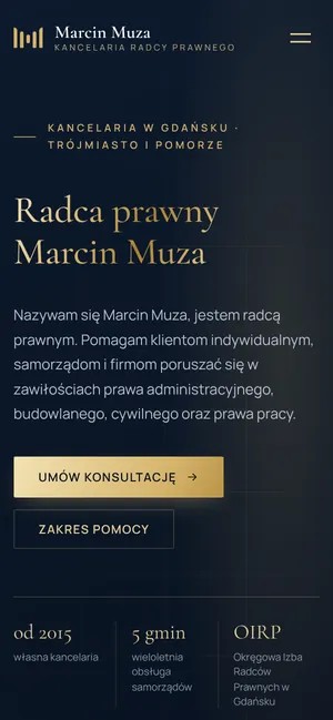 Strona główna kancelarii na telefonie z przyciskiem „Umów konsultację”.