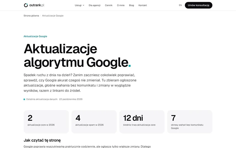 Podstrona Outrank.pl z historią aktualizacji algorytmu Google.