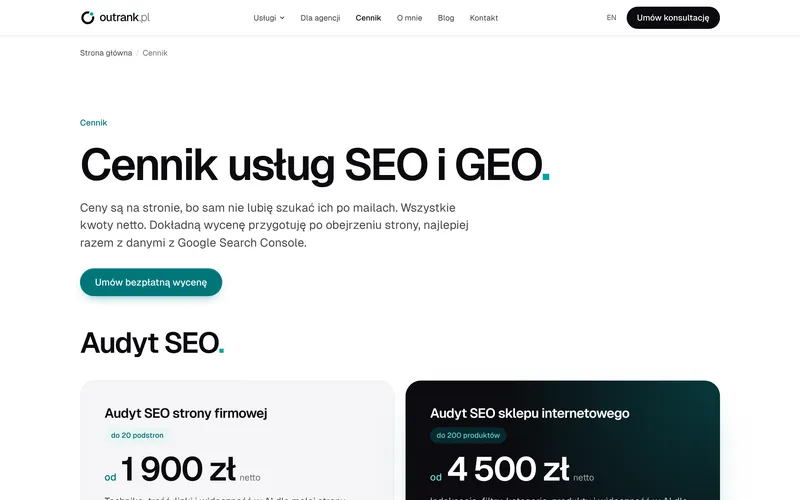 Cennik Outrank.pl z jawnymi cenami audytów SEO.