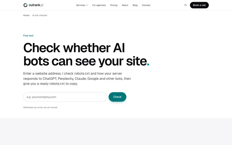 Free Outrank.pl tool that checks whether AI bots can see a website.