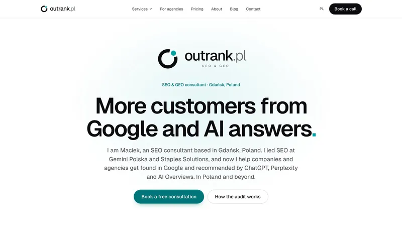 Outrank.pl home page on desktop: the headline "More customers from Google and AI answers" and a button to book a consultation.