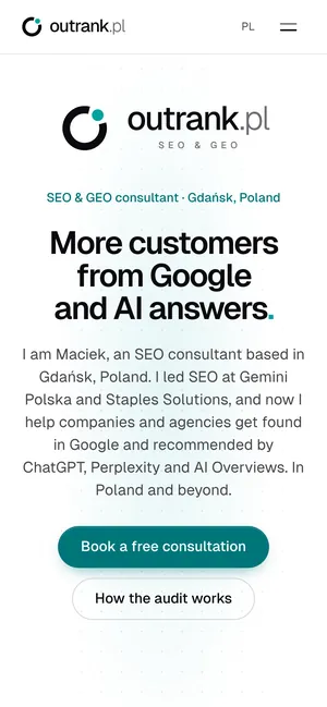 Outrank.pl home page on a phone.