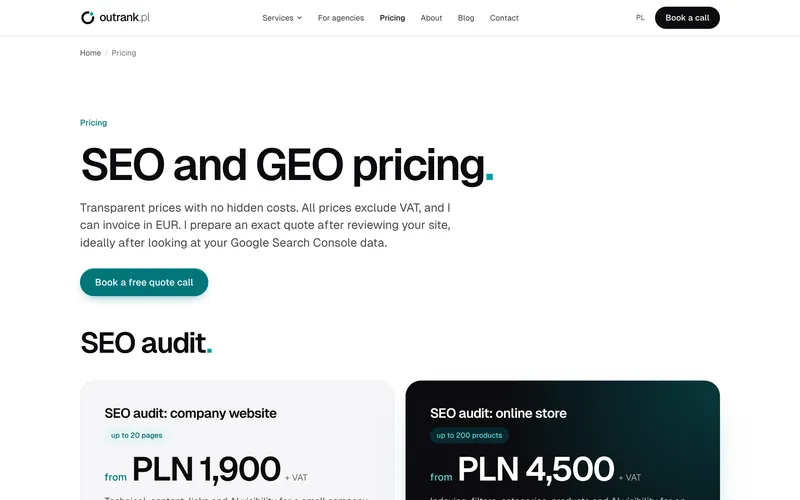Outrank.pl pricing page with transparent SEO audit prices.