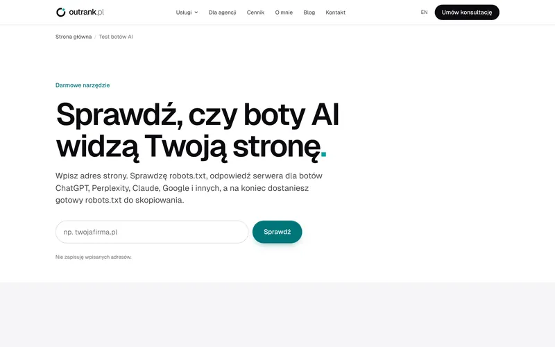Darmowe narzędzie Outrank.pl sprawdzające, czy boty AI widzą stronę.
