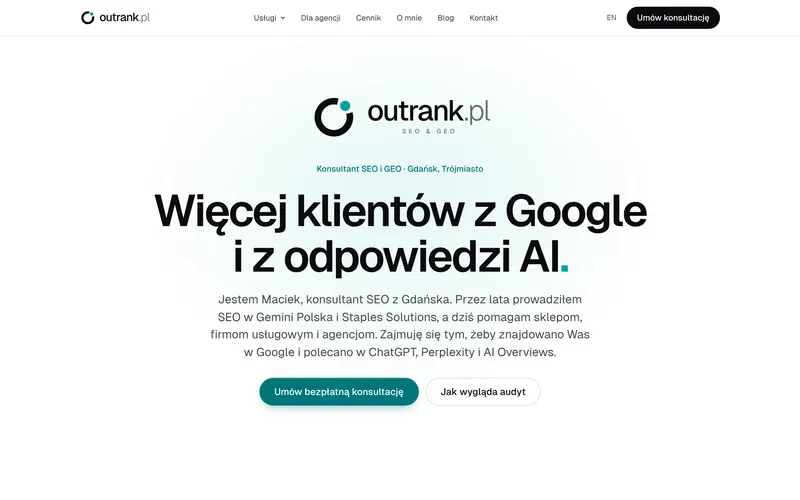 Strona główna Outrank.pl na komputerze: nagłówek „Więcej klientów z Google i z odpowiedzi AI” i przycisk umówienia konsultacji.